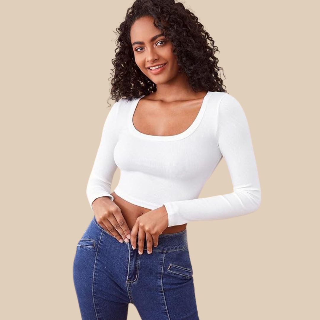 Dam Croptop Ribbad Långärmad Stretchigt Material-1