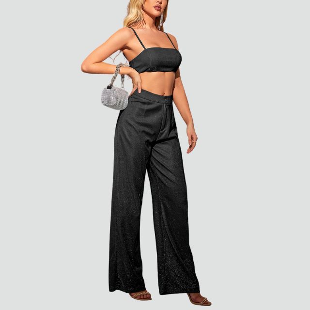 Damkläder Högmidjade Byxor och Glittrande Skördetopp i Mjukt Material-5