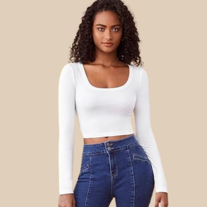 Dam Croptop Ribbad Långärmad Stretchigt Material-2