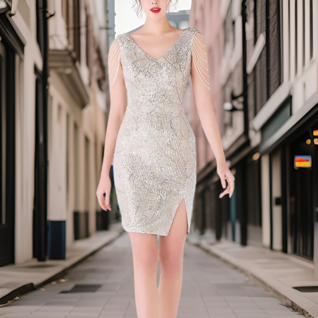 Dam Glittrig Miniklänning Polyester Elegant Festklänning 4