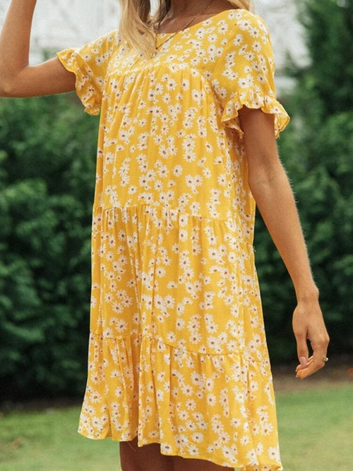 Kvinnors Midi Klänning Blommönster Polyester Kort Ärmar 1