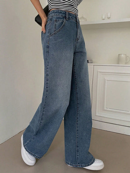 Dam Jeans Hög Midja Bredbenade i Bomull-3
