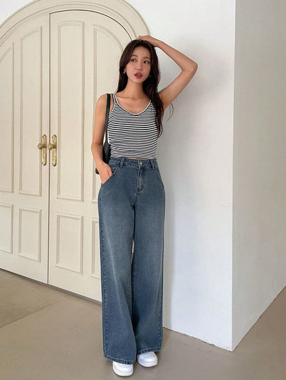 Dam Jeans Hög Midja Bredbenade i Bomull-5