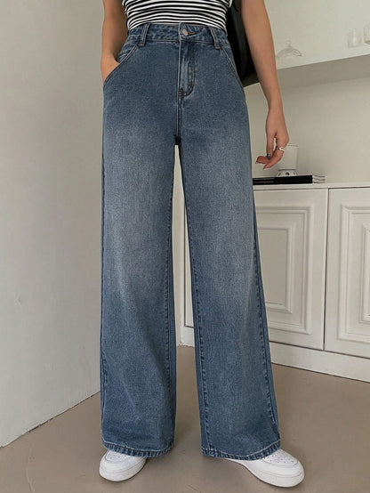 Dam Jeans Hög Midja Bredbenade i Bomull-4
