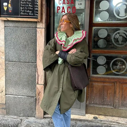 Dam Blus Rutig O-hals 100% Bomull med Rufsad Trim 4