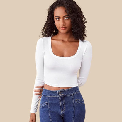 Dam Croptop Ribbad Långärmad Stretchigt Material-3