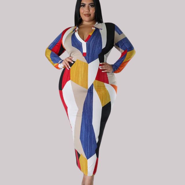 Variant image for Långklänning Dam V-ringning Långärmad Stretchigt Tyg Abstrakt Mönster-1