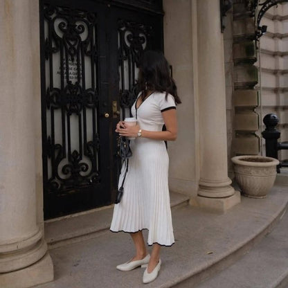 Dam Klänning Veckad MIDI Ribbade Tyger med Blixtlås-2