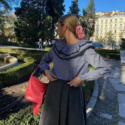 Dam Blus Rutig O-hals 100% Bomull med Rufsad Trim 10