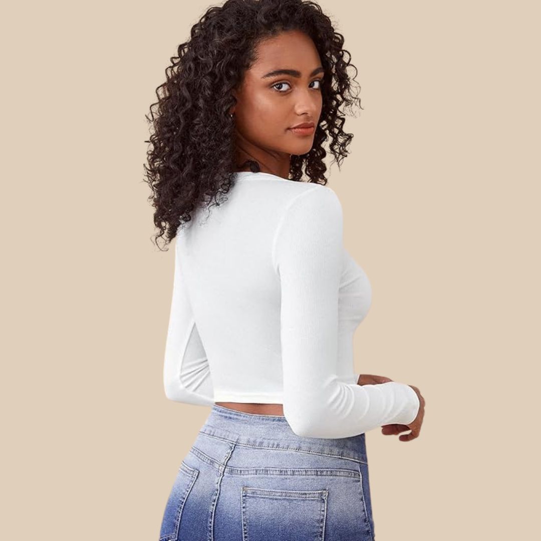 Dam Croptop Ribbad Långärmad Stretchigt Material-4