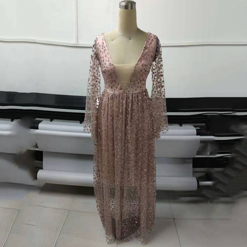 Dam Klänning Långärmad A-Linjeform Djup V-Neck Glitter Polyester-4