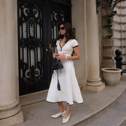 Dam Klänning Veckad MIDI Ribbade Tyger med Blixtlås-1