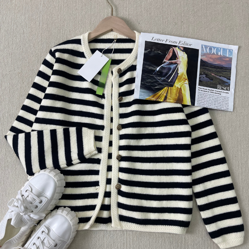 Dam Lång Kofta Randig Långärmad Mjuk Stickad-6