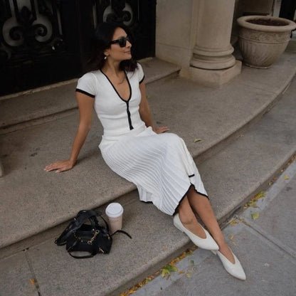 Dam Klänning Veckad MIDI Ribbade Tyger med Blixtlås-3