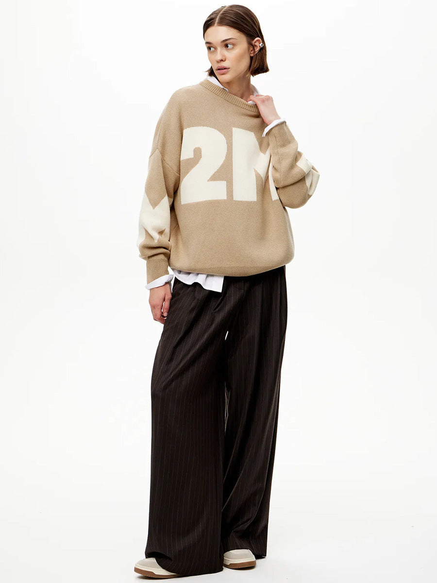 Stickad Dam Tröja Färgblock Lös Passform Vinter-3