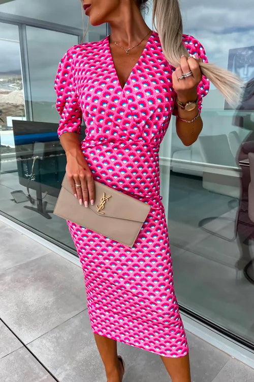 Dam Klänning Midi V-hals Puffärmar Tryckt Bomull och Polyester-2