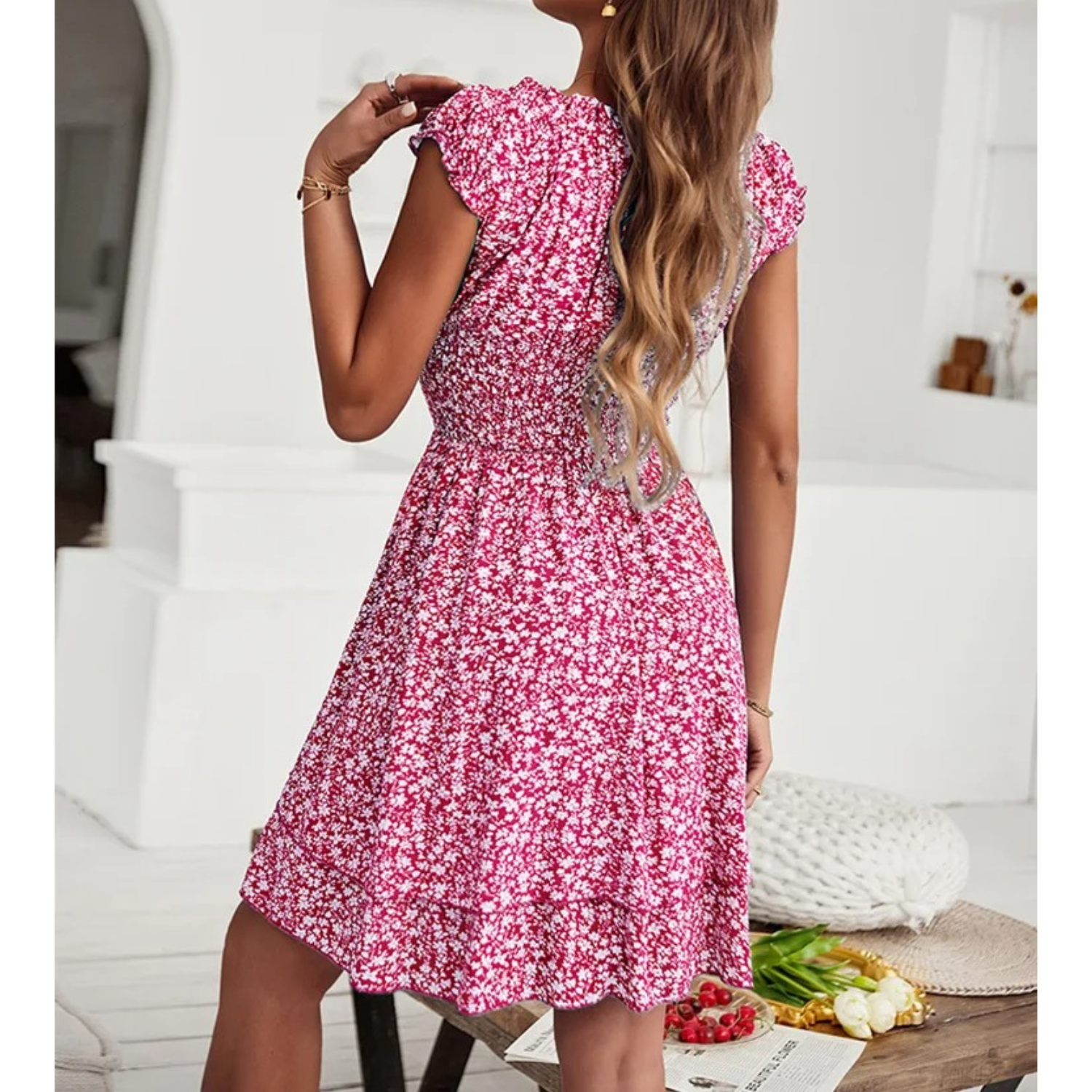 Kvinnors Midi Klänning Off-Shoulder Blommönster Polyester-2