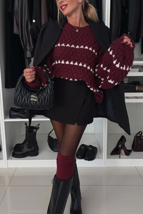 Dam Stickad Chunky Tröja med Lykta Ärmar i Färgblockad Design-5