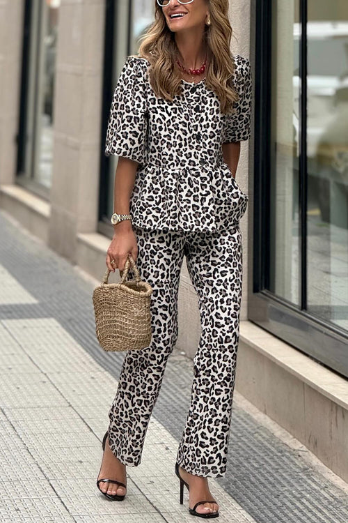 Dam Leopard Set Halvärmad Skjorta Raka Byxor Bomull Polyester-1