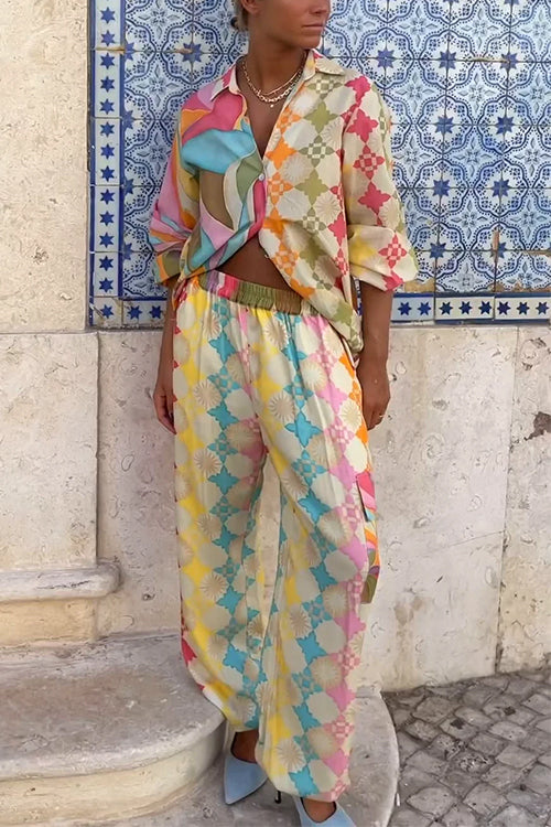 Dam Långärmad Blus med Kontrasttryck och Lastbyxor i Bomull och Polyester-3