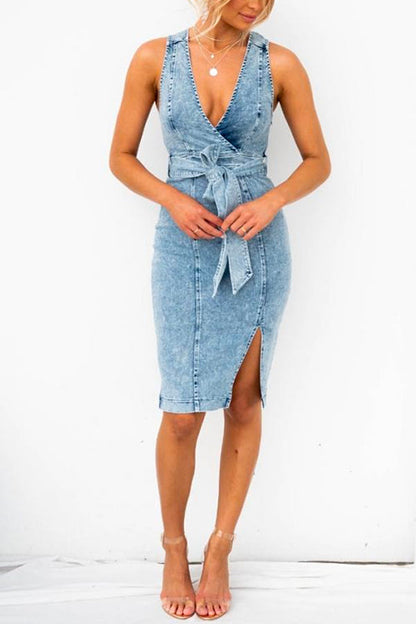 Kvinnors Denimklänning V-ringning Knut Bomullsblandning 6