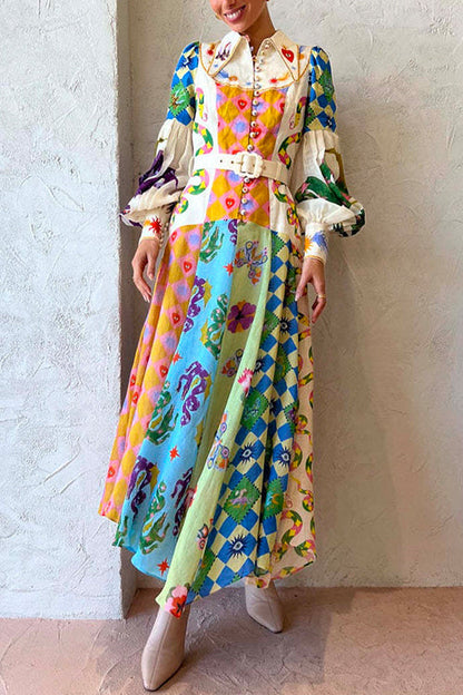 Maxiklänning Dam med Ballongärmar Tryckt Bomull-Linne Elegant Lång Klänning-2