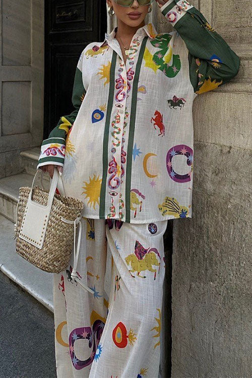 Dam Blus Set med Tryck och Lösa Byxor i Bomull och Polyester-6