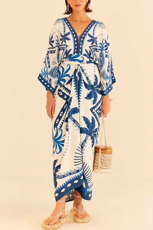 Variant image for Kvinna Kimono Klänning V-ringning Tryckt Bomull Polyester-1