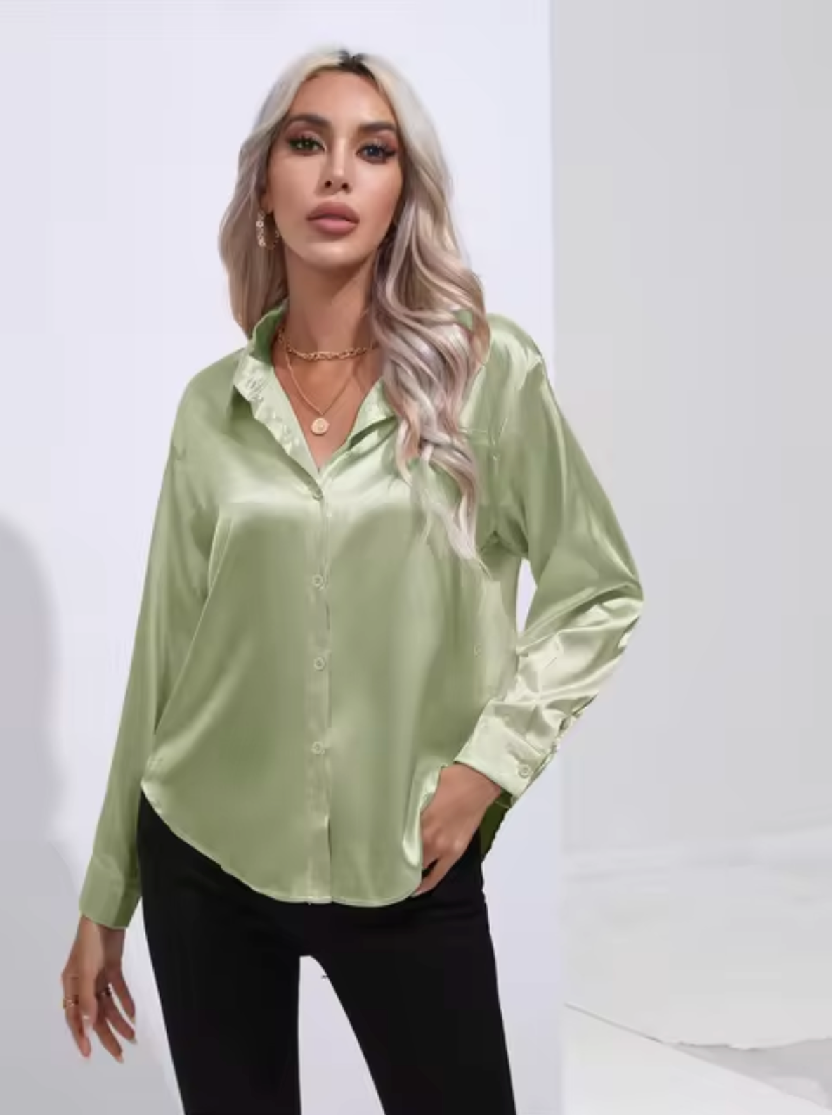 Variant image for Dam Blus Långärmad Satin Elegant V-Ringning-51