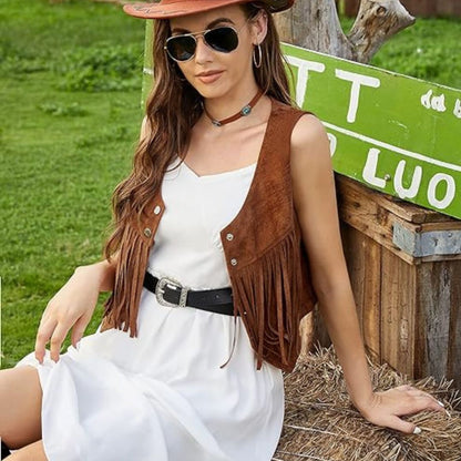 Dam Mockaväst med Fransar och Knappdetaljer Mocka-1