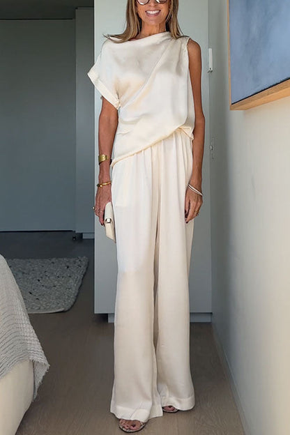 Damkläder Asymmetrisk Axeltröja och Breda Byxor i Bomull och Polyester-2