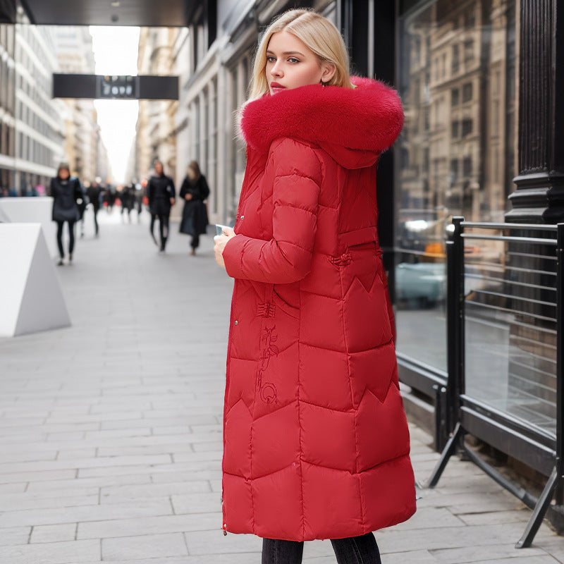 Lång Vinterrock Dam Med Päls Krage Midjaformad Design Polyester-6