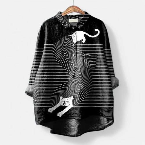 Dam Blus Elegant Polyester med Färgat Konsttryck-1