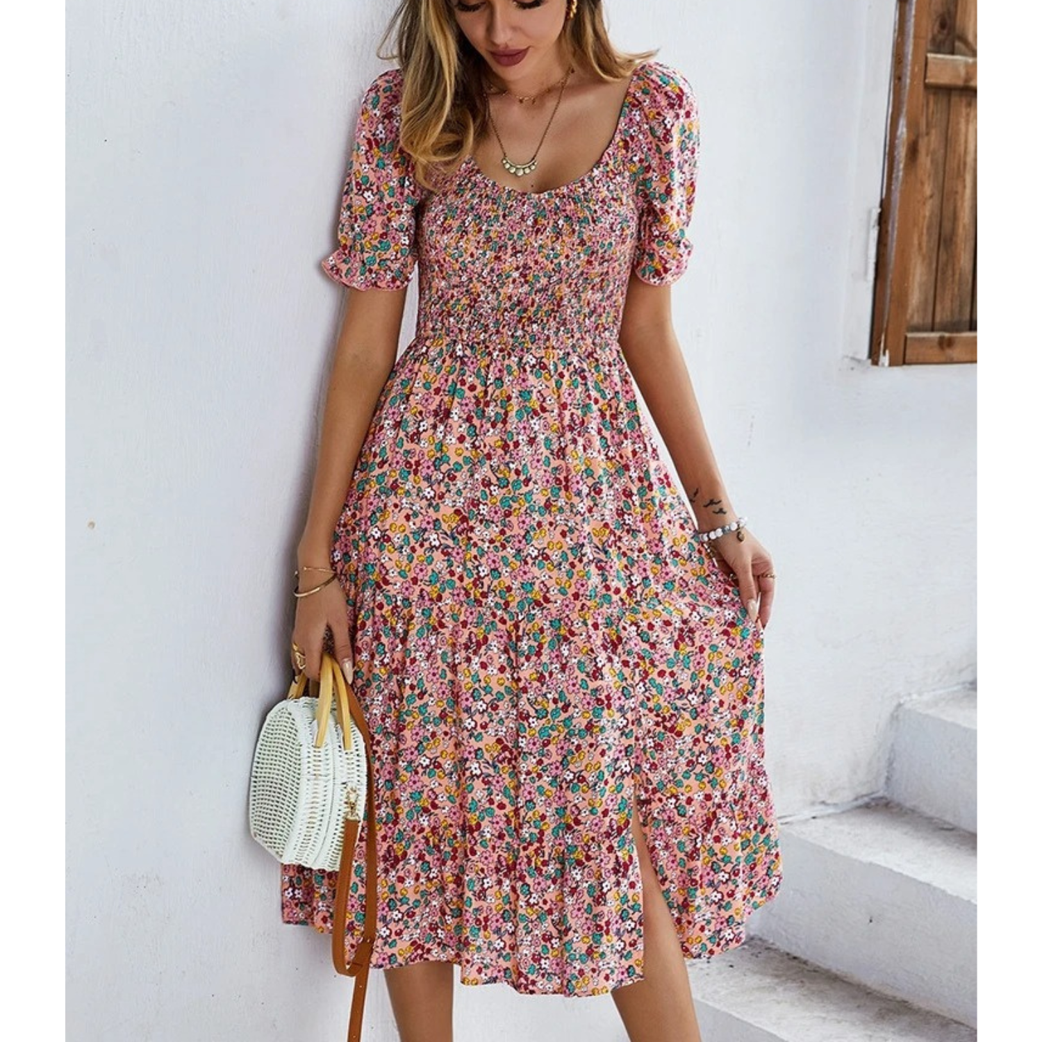 Sommarklänning Dam Elastisk Blå Mönster Rund Halsringning 3