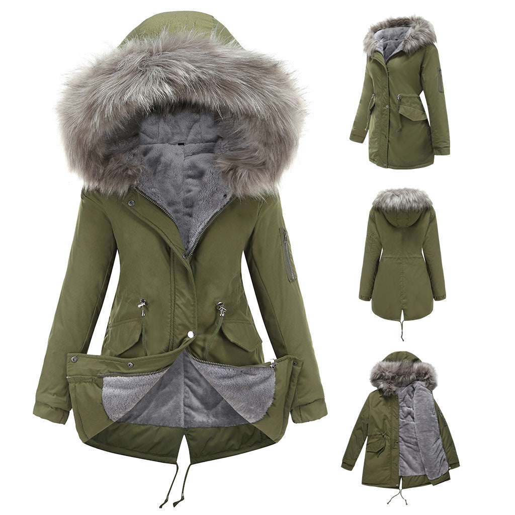Kvinnor Parka Fleecefodrad med Huva och Medellång Längd-5