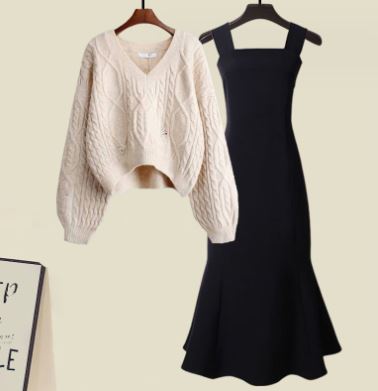 Kvinnors Set med Tvärstickad Tröja och Fiskstoppsklänning Mjuk Tygblandning-1