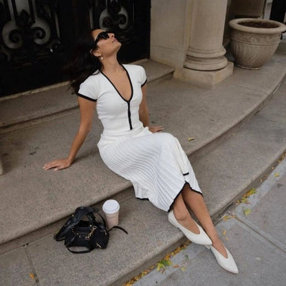 Dam Klänning Veckad MIDI Ribbade Tyger med Blixtlås-4