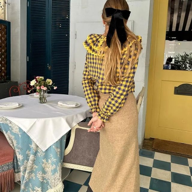 Dam Blus Rutig O-hals 100% Bomull med Rufsad Trim 5