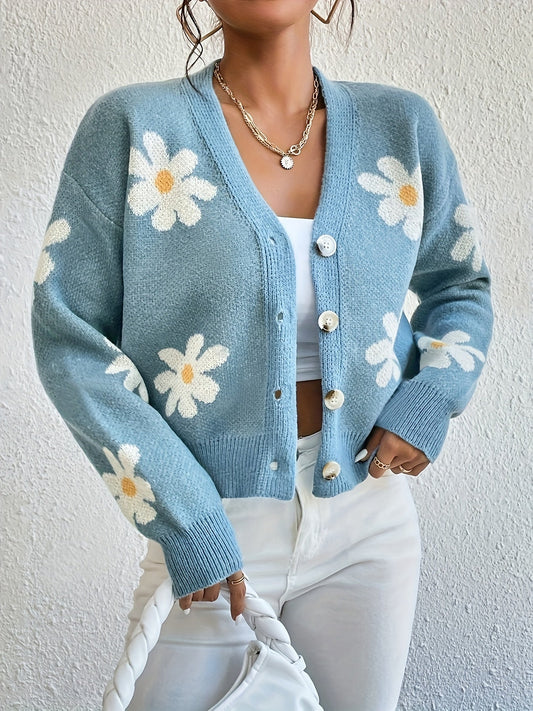 Stickad Dam Tröja Långa Ärmar Blommönster Mjuk Material-1