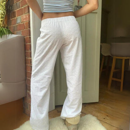 Snygga Byxor Dam Brett Ben med Spetsbroderi i Lätt Tyg-2