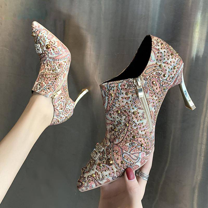 Dam Ankelboots Glamouröst Tyg Hög Klack-2