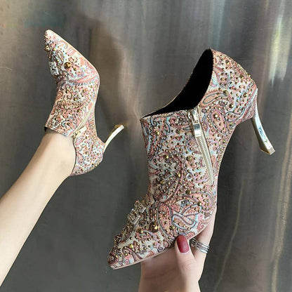 Dam Ankelboots Glamouröst Tyg Hög Klack-2