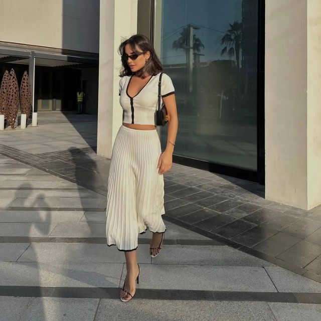 Dam Klänning Veckad MIDI Ribbade Tyger med Blixtlås-6