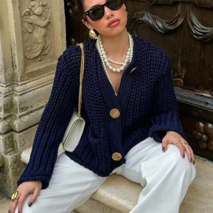 Damjacka Grov Stickad med Stora Knappar Akryl 2