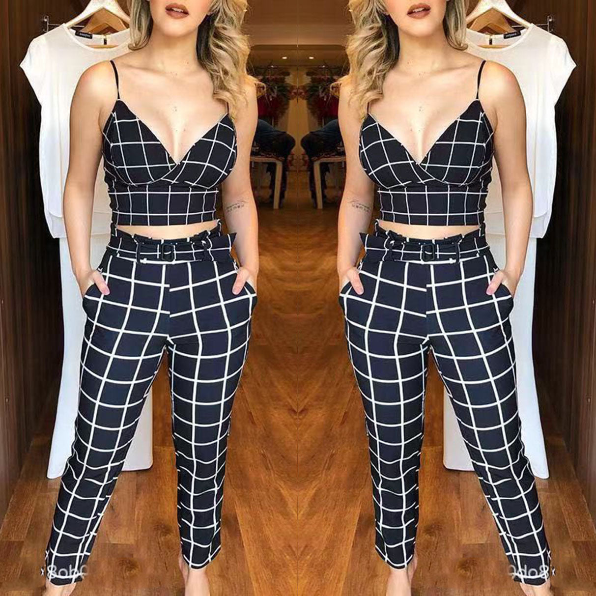 Variant image for Dam Camisole Crop Top V-ringning Polyester Capri-byxor Set-6