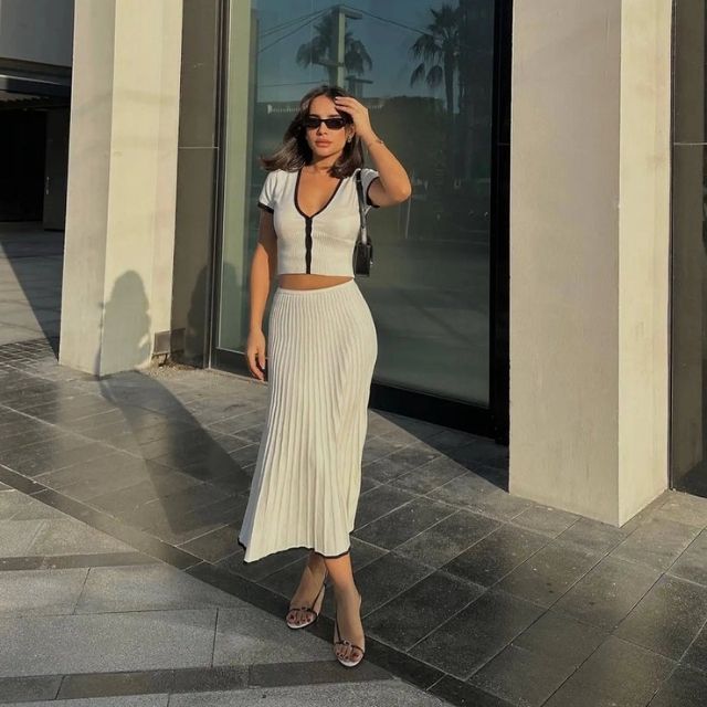 Dam Klänning Veckad MIDI Ribbade Tyger med Blixtlås-5