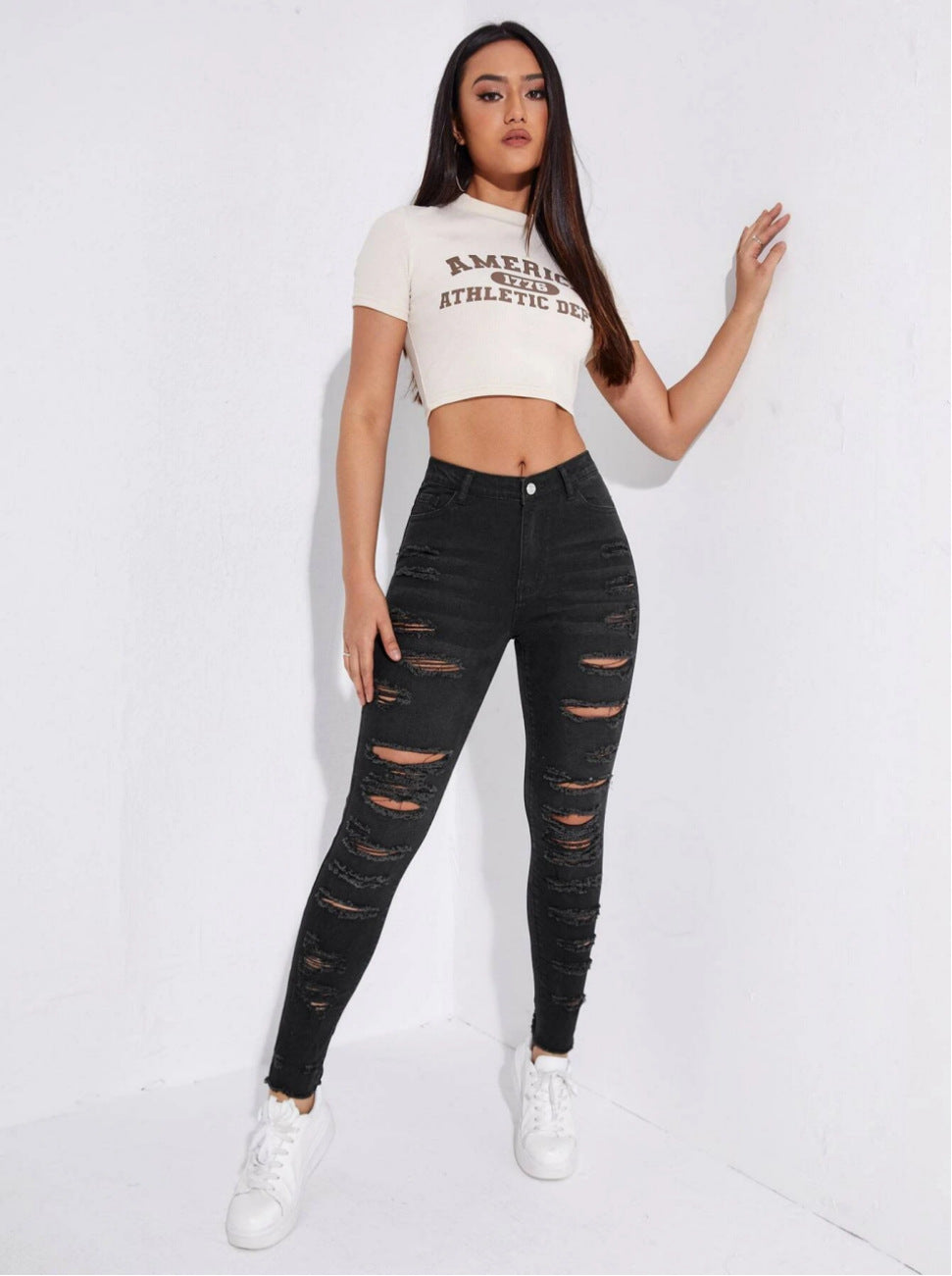 Dam Jeans Hög Midja Klassisk Denim Slitstark-4