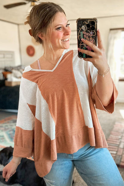 Dam Skjorta Färgblockdesign 3/4 Ärmar Mjukt Strukturerat Tyg-2