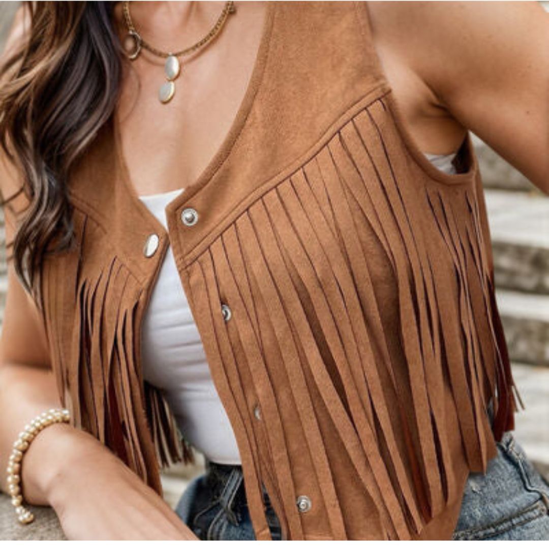 Väst Dam Boho Stil Mocka med Fransar-3