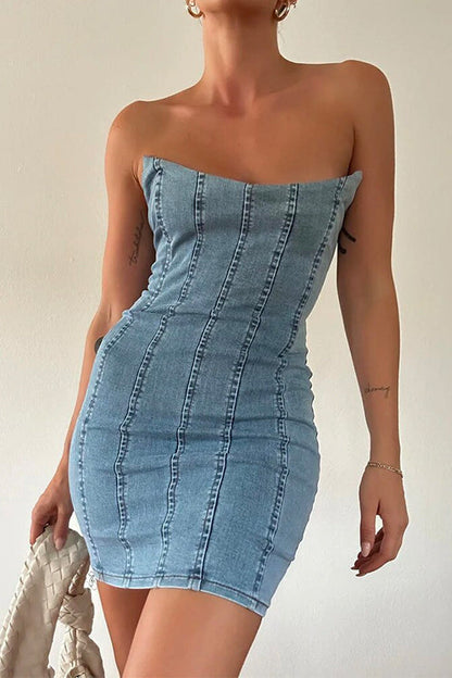 Dam Klänning Mini Bodycon Rör Top Denim-2